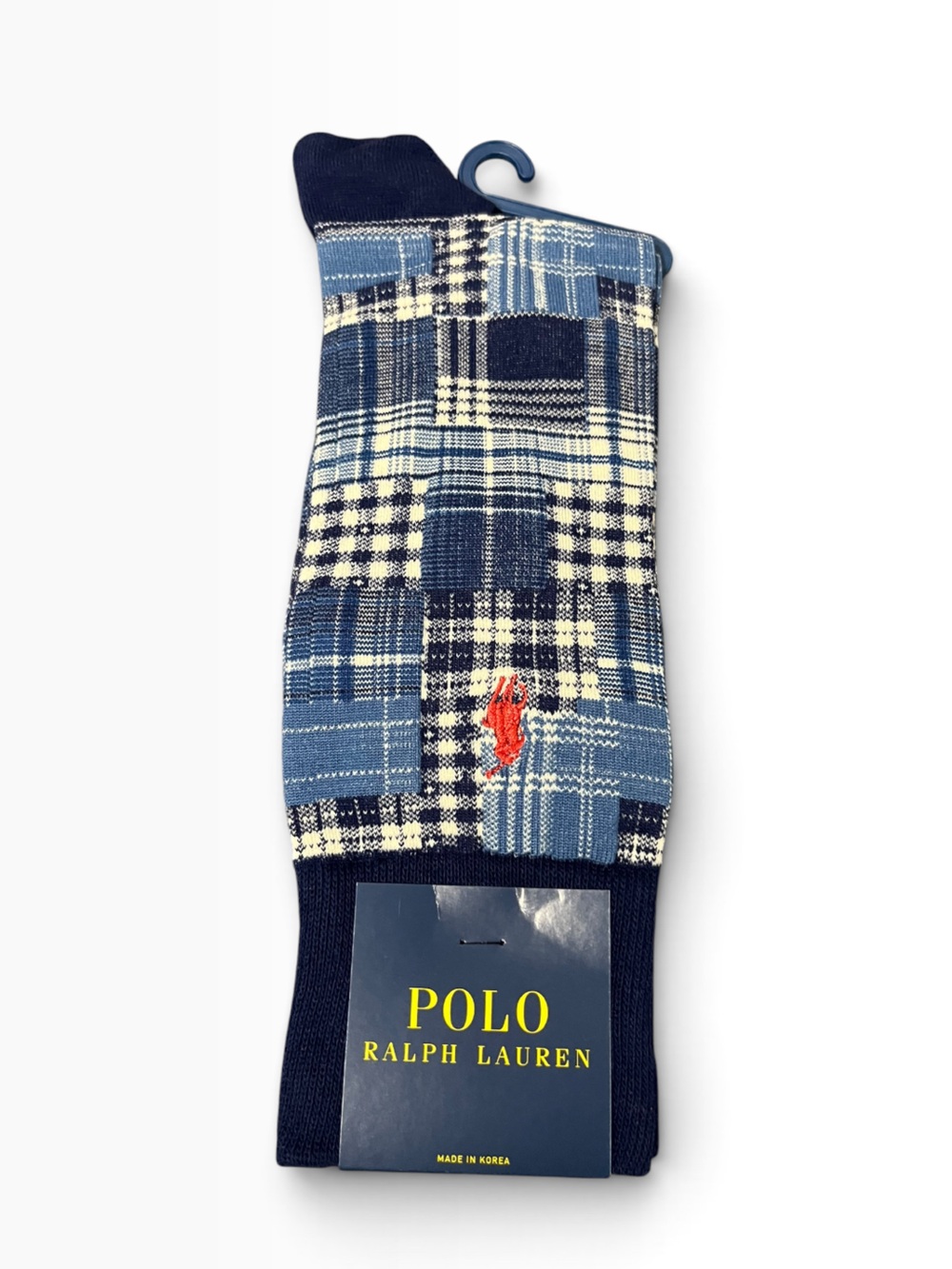 Polo by Ralph Lauren Navy, Light Blue & Cream Plaid Crew Socks with Red Pony
